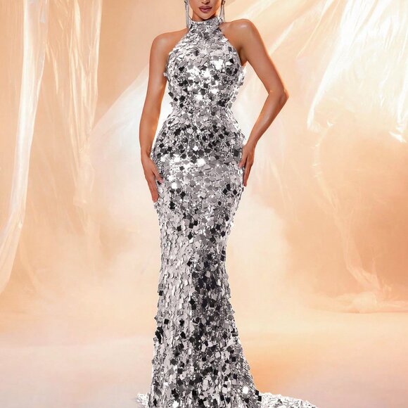 Silver Sexy Women's Sleeveless Backless Sequin Floor Length Evening Gown - Picture 5 of 6